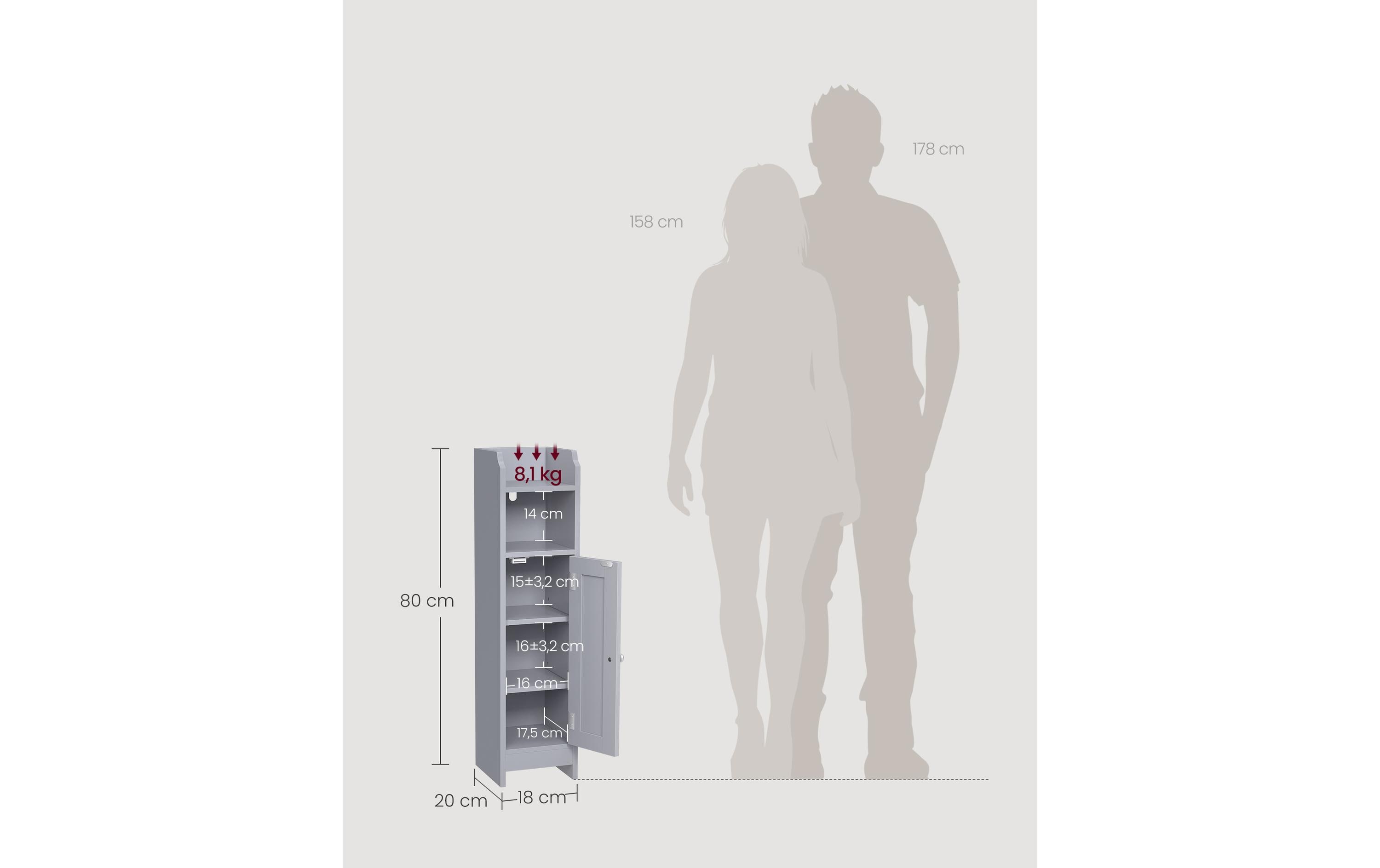 Badezimmer-Schrank 18 x 80 cm, GrauSchmaler Schrank für das Badezimmer mit Tür und 2 Ablagen