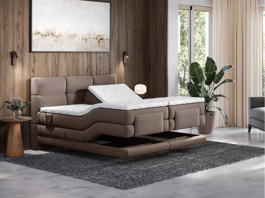Ensemble complet boxspring tête de lit capitonnée + sommiers relaxation électrique + matelas + surmatelas - 2 x 90 x 200 cm - Tissu - Marron - LODI de PALACIO