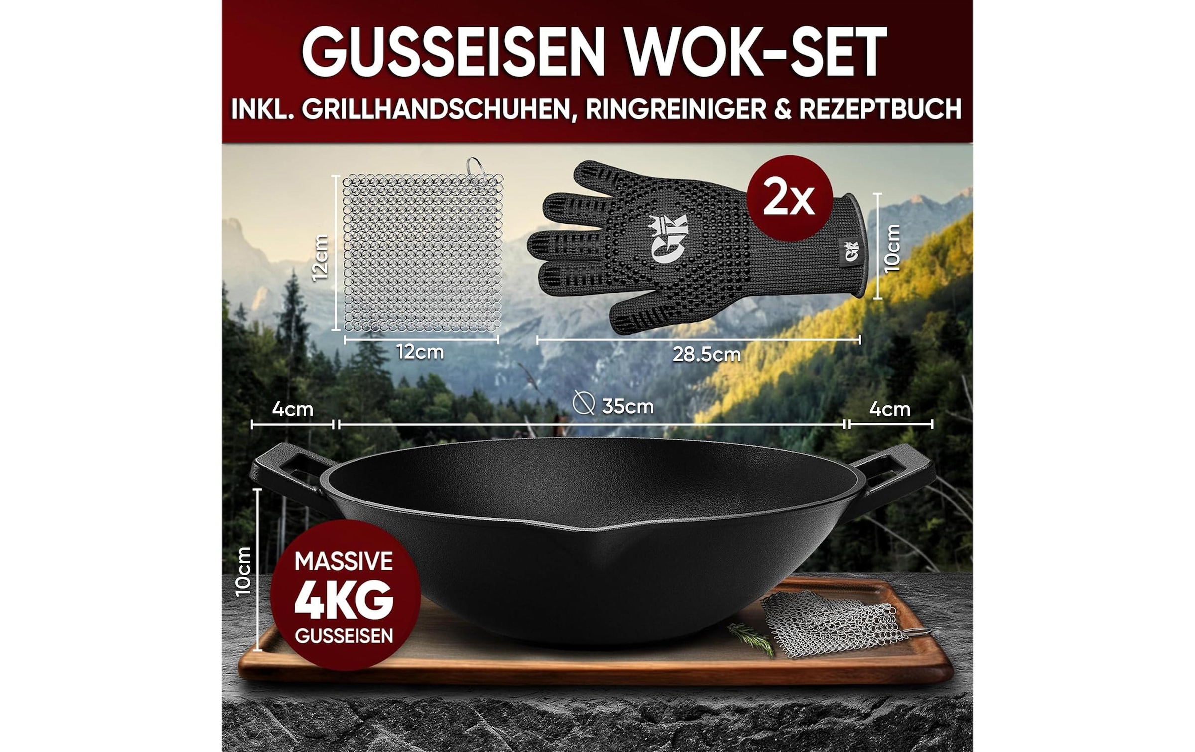 Wok »Gusskoenig Gusseisen-Wok mit Ringreiniger und Handschuhen« Gusseisen