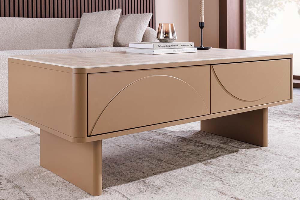 Design Couchtisch SAVOY 120cm grau beige greige Keramik Travertin mit Schublade