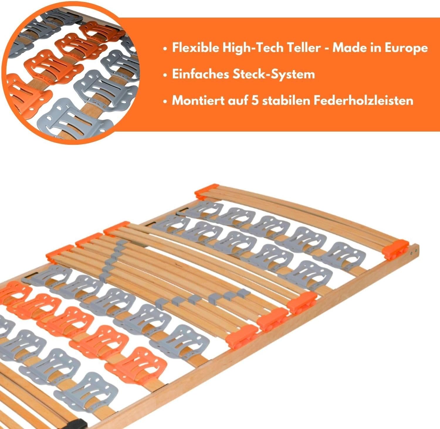 7-Zonen-Federholzleisten-Tellerlattenrost KombiFlex 140 x 200 cm hochflexible Teller für optimale Körperanpassung am Bett, Lattenrahmen Made in EU - Lattenrost starr