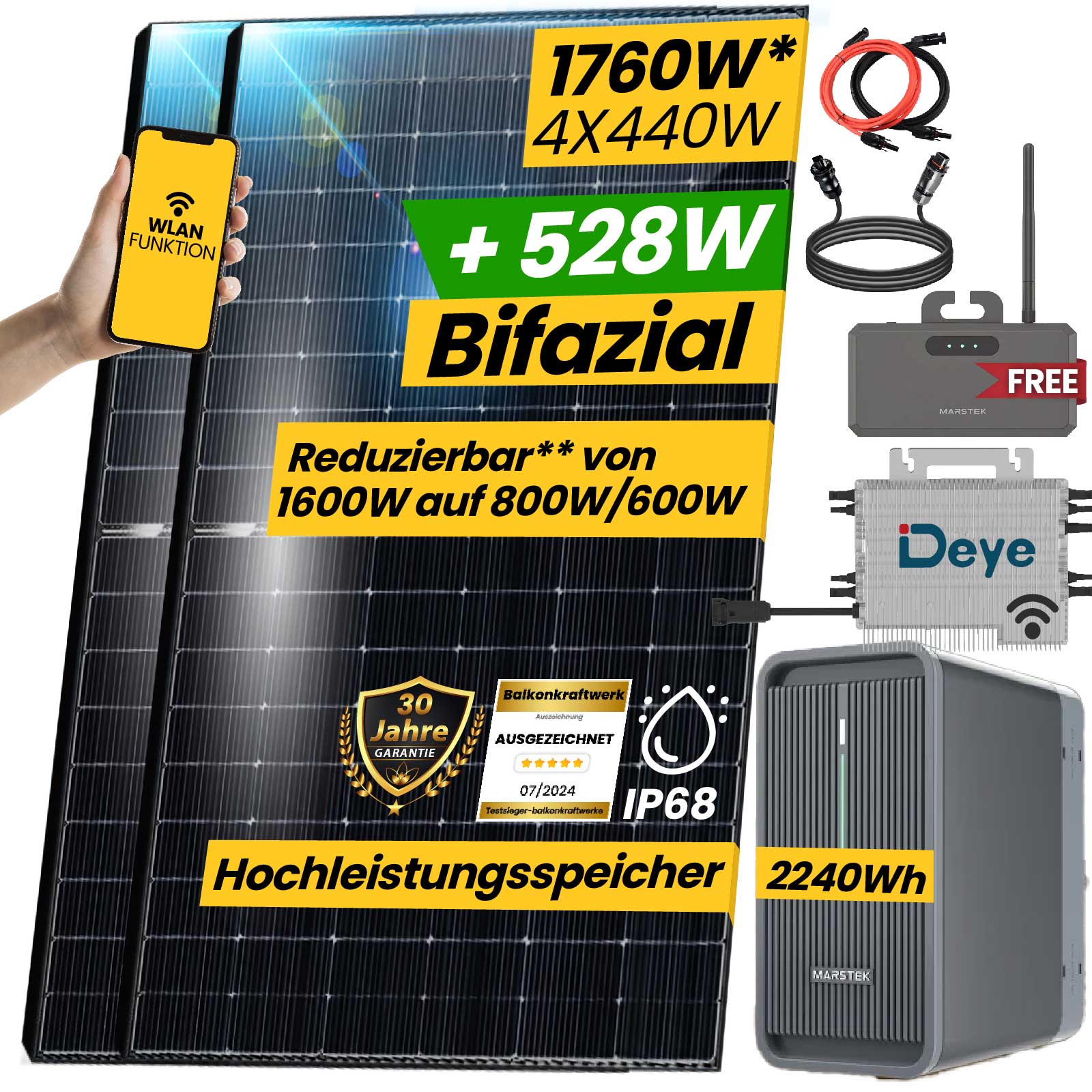 Epp 1760W/1600W Balkonkraftwerk mit Speicher Komplettset 2,24 kWh Marstek B2500-D Speicher mit DEYE 1600W WIFI Wechselrichter Smart Mini Anlage