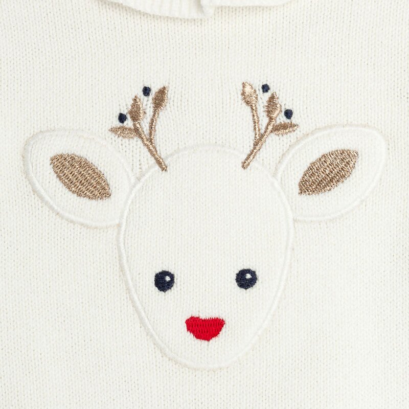 Pull maille tricot renne brodé blanc bébé fille Beige
