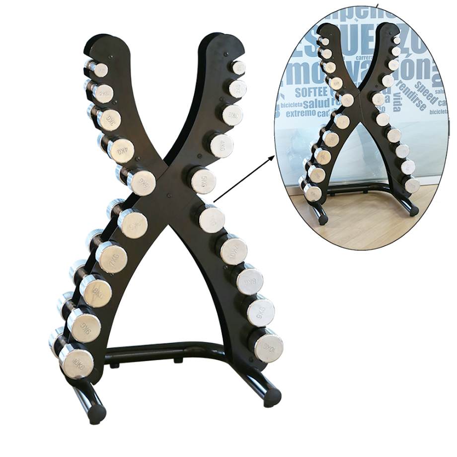 Suporte para halteres Softee de 1 a 10 kg com halteres cromados
