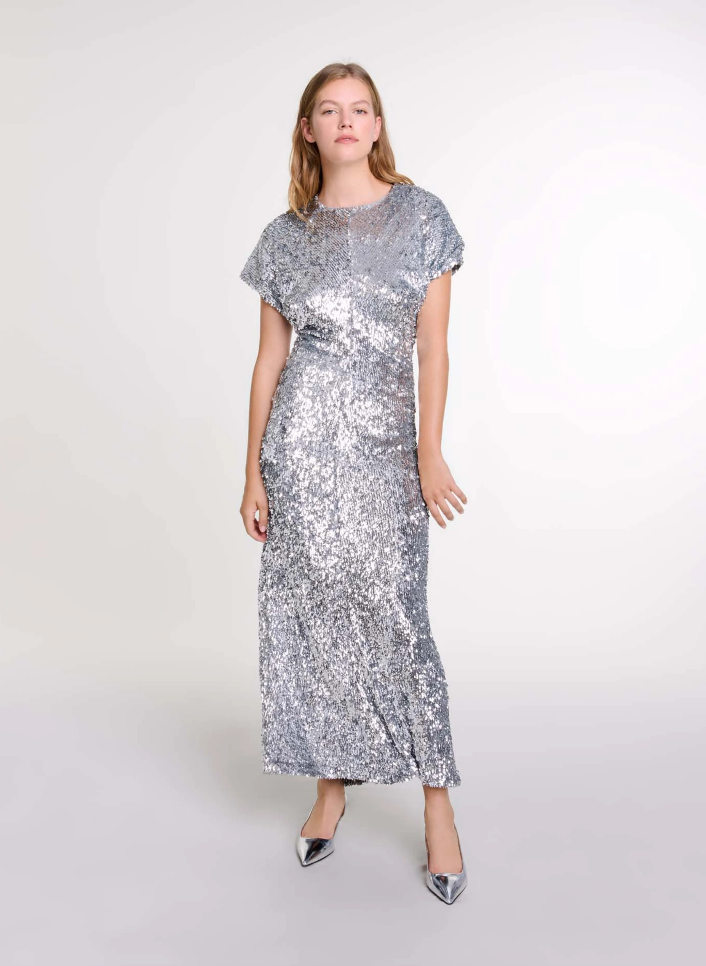 Robe longue col rond à sequins | Argent