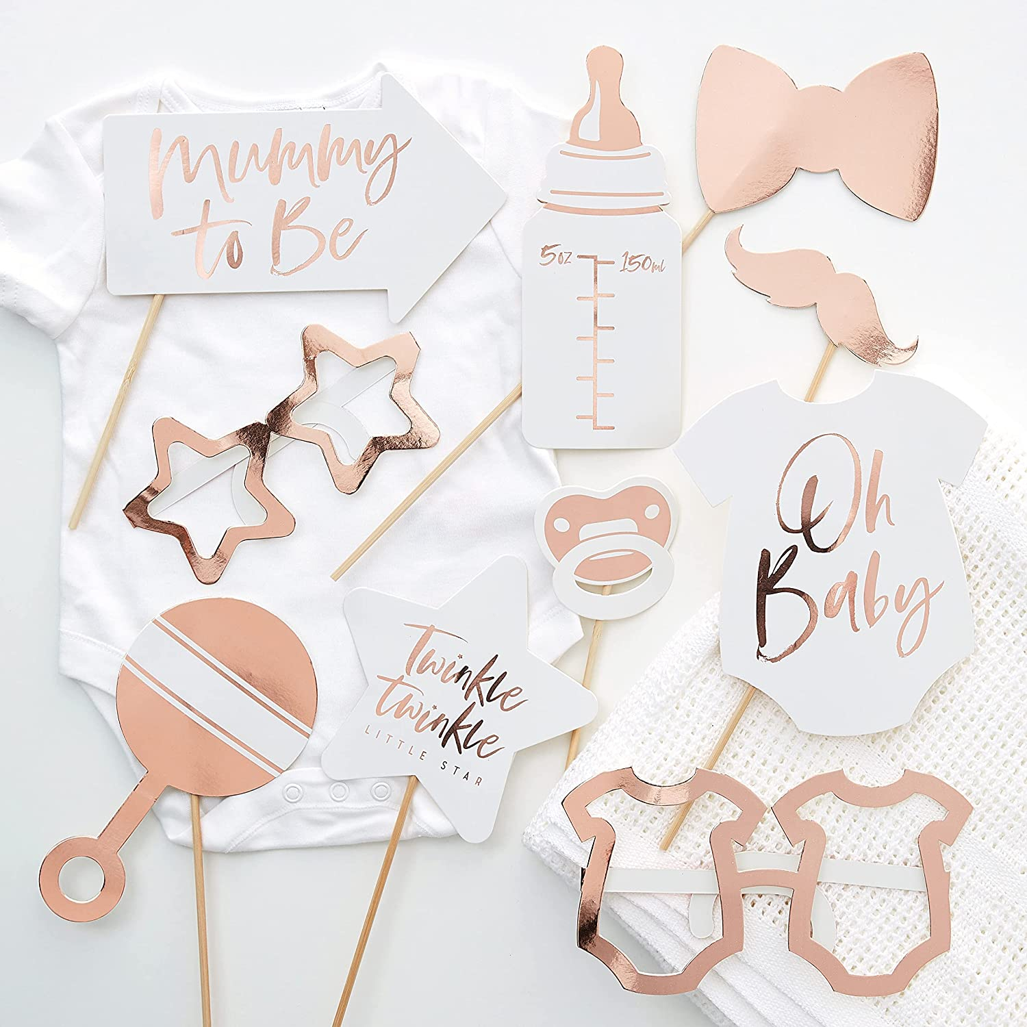 (10er Set) Photo Booth Fotorequisiten Party Foto Accessoires Baby Shower / Mummy to Be Deko für lustige Bilder - Roségold