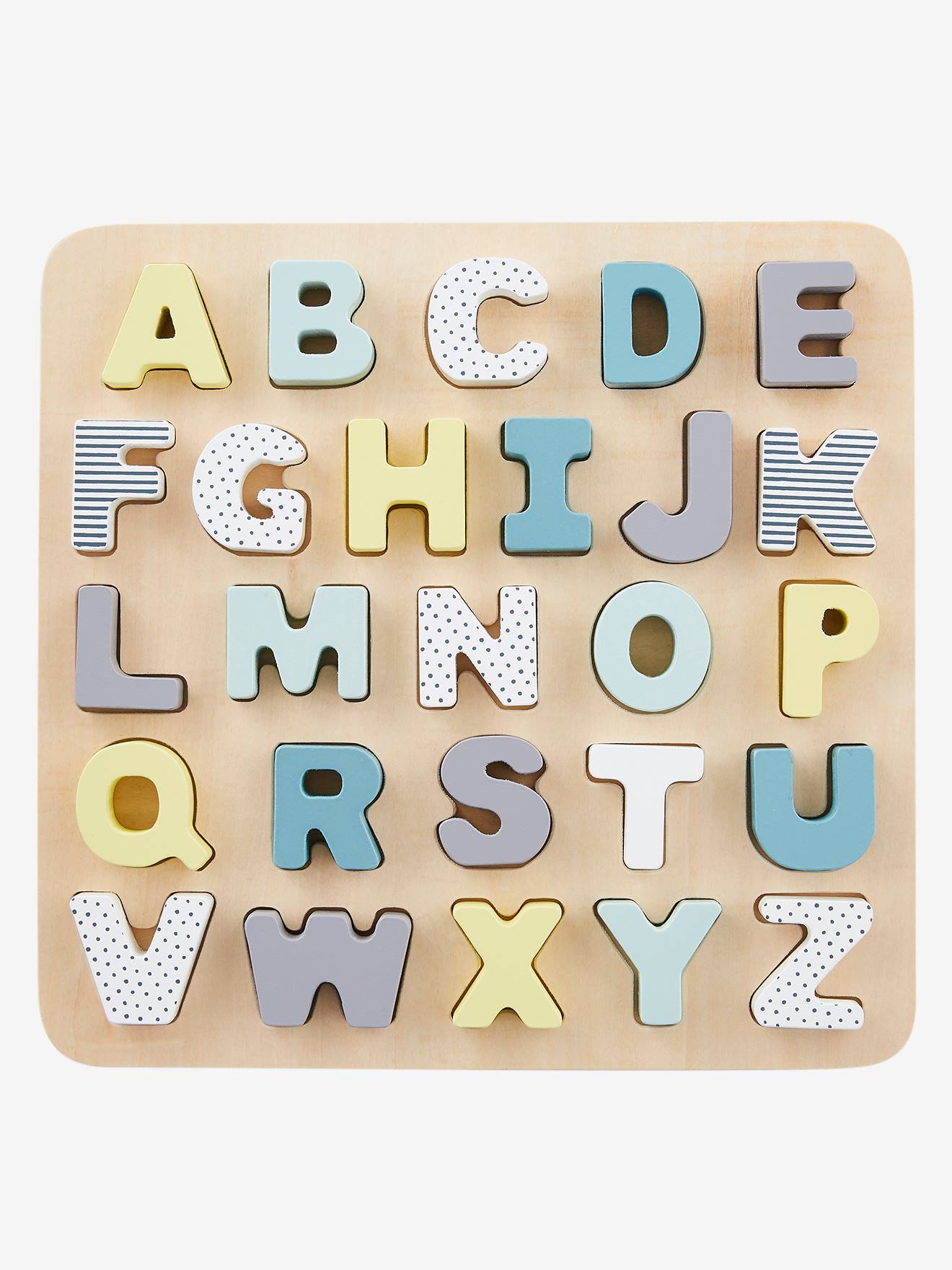 Quebra-cabeça de madeira com letras para encaixar, multicolorido