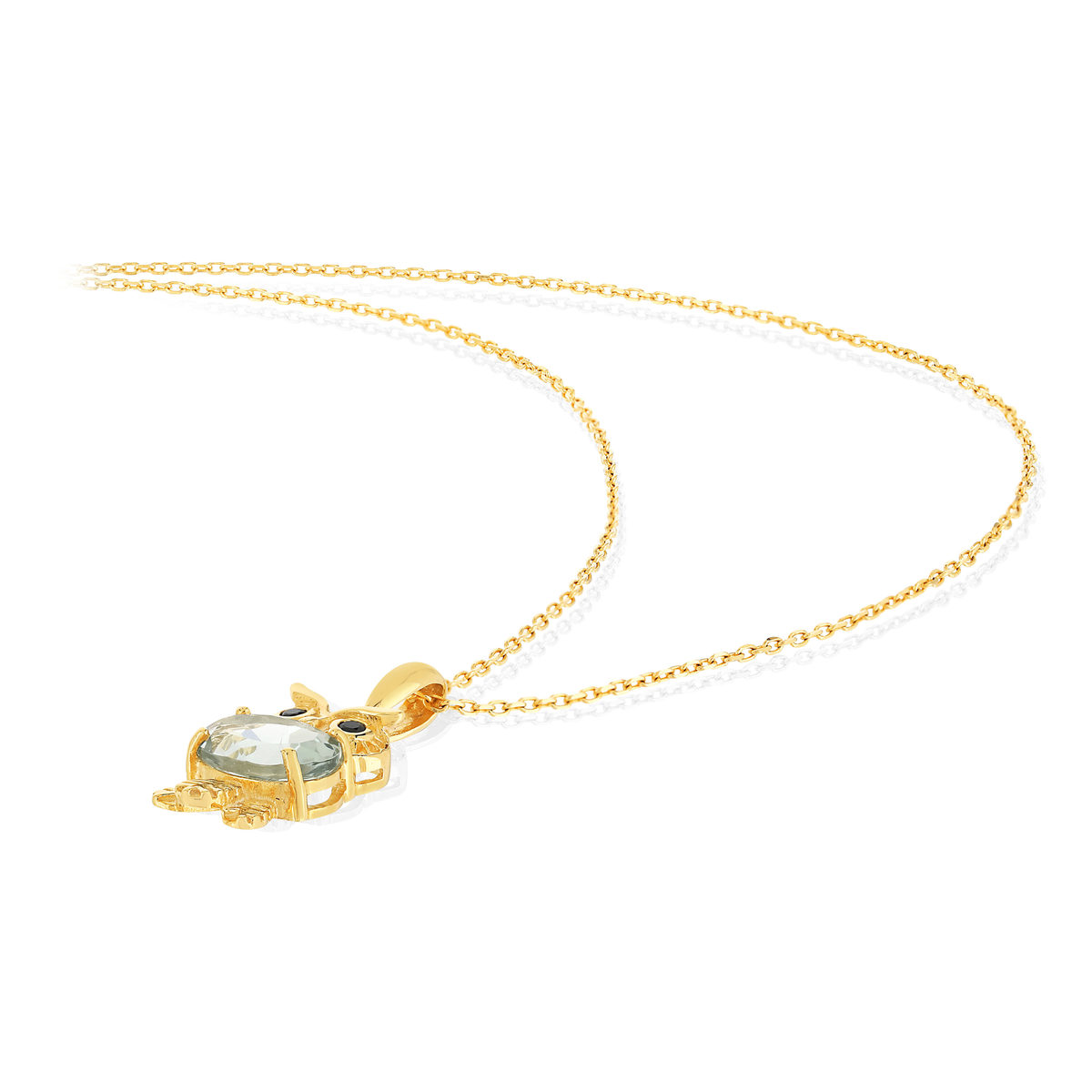 Collier or jaune 375, motif hibou, quartz vert, onyx.