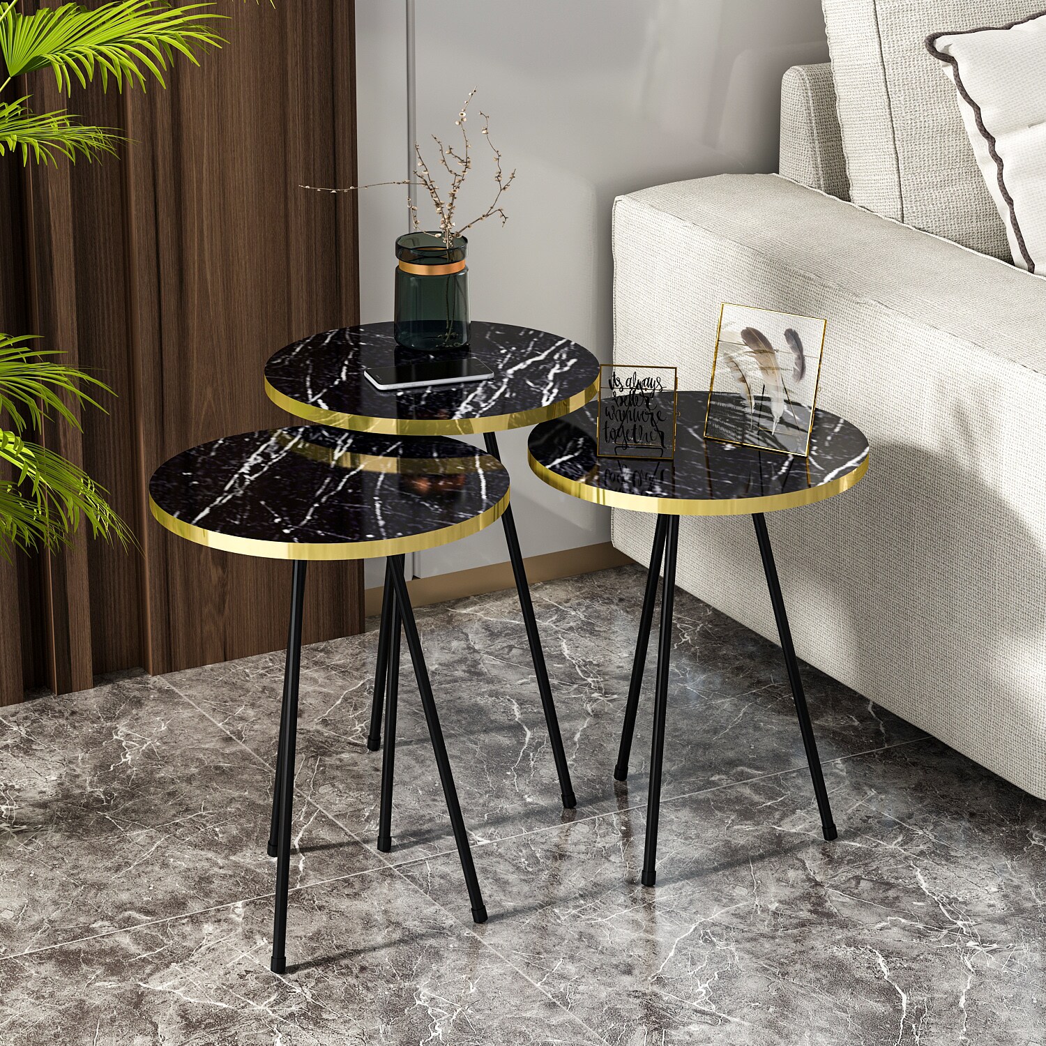 Beistelltisch 3er Set Marmoroptik Schwarz 21776160