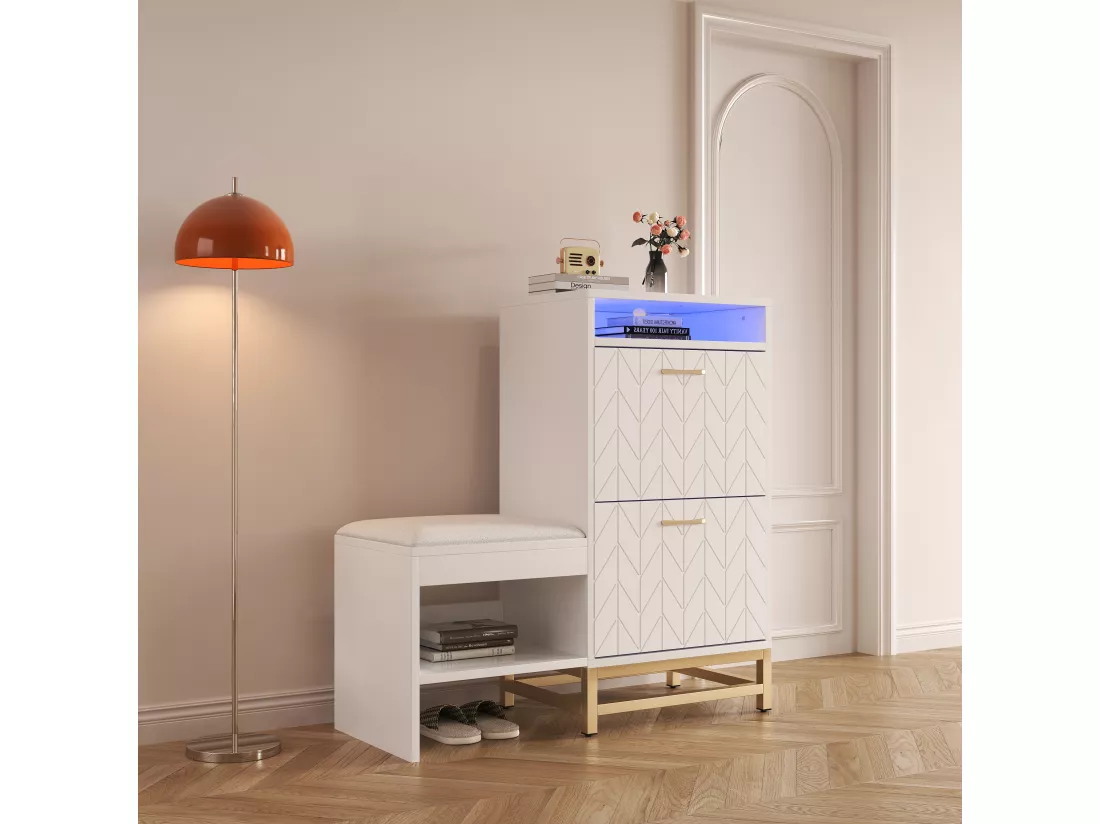 Meuble à chaussures avec LED - 1 banquette + 2 portes abattants + 2 compartiments - Blanc