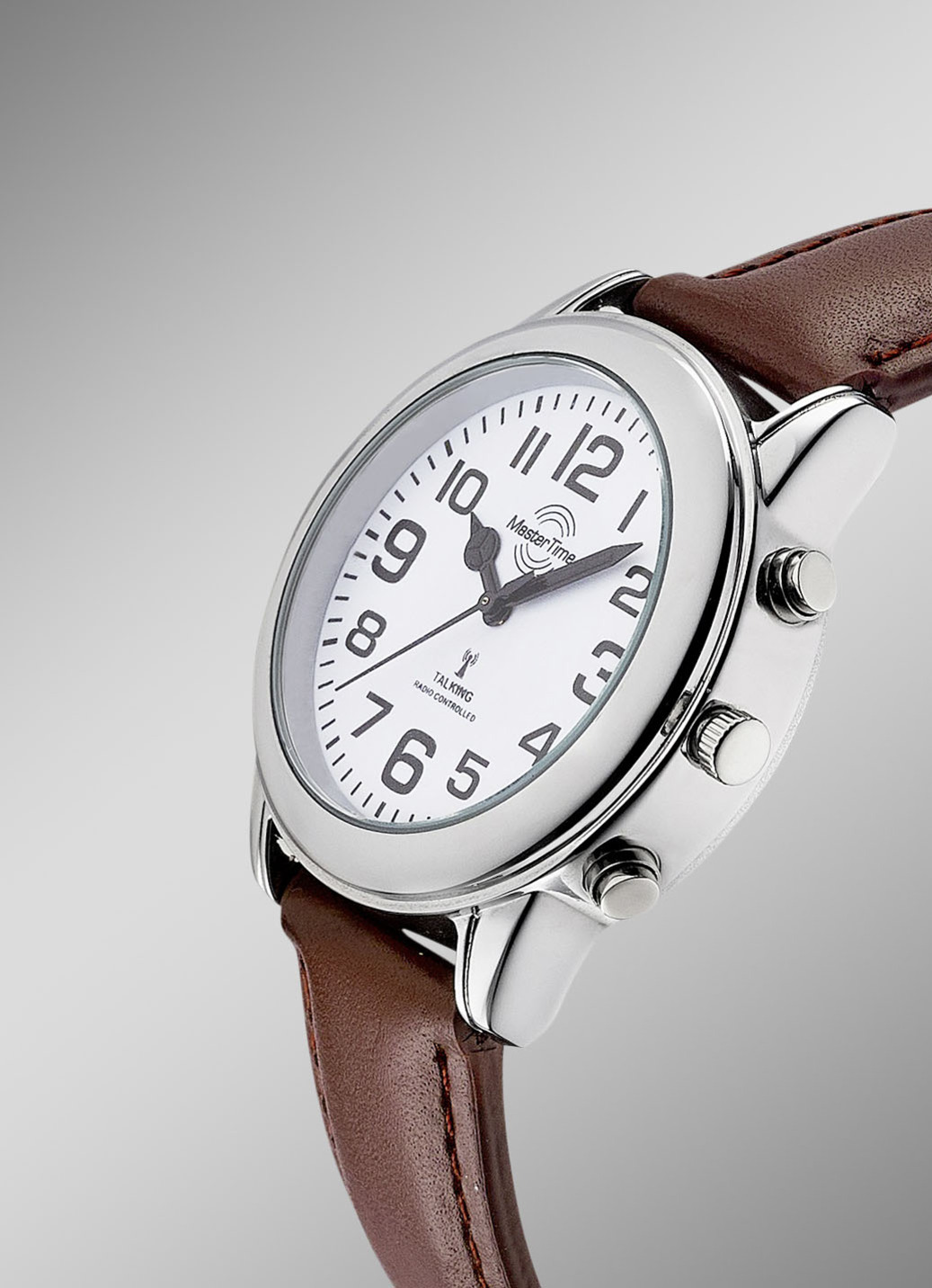 Funk-Herrenuhr mit Lederband und sprechender Zeitansage