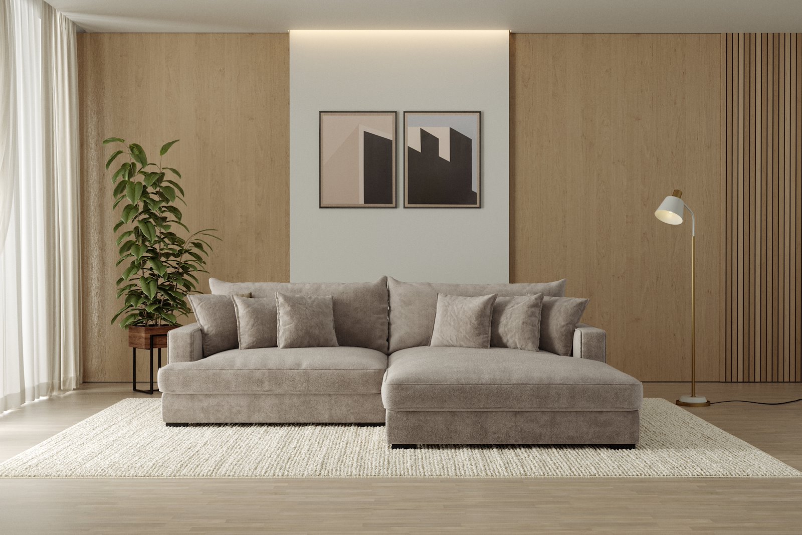 Rossi Lux 2-seter med XL sjeselong høyre Tekstil Genesis 4 Beige, arm A med sorte ben. Lux Komfort.