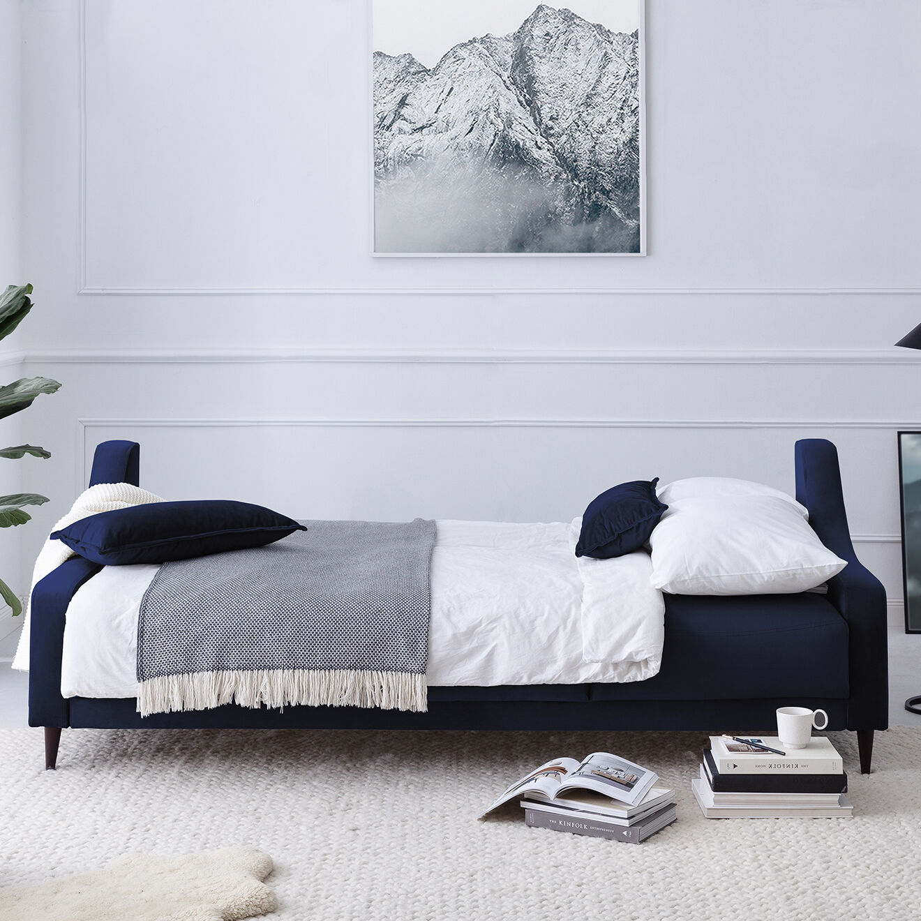 Mazzini Sofas Canapé convertible avec coffre de rangement Freesia bleu marine - 215x94x90 cm