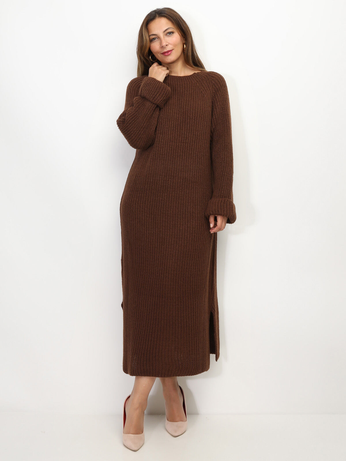 Robe à manches évasées et fentes- Marron