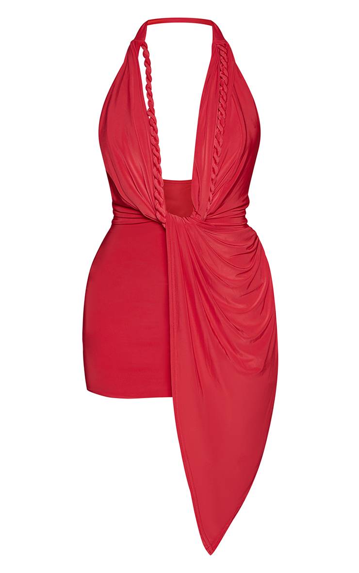 Rouge Mini Robe Drapée Double Couche À Décolleté Plongeant Avec Détail Cordon