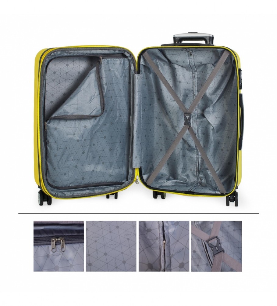 Mala de viagem rígida de tamanho médio com 4 rodas ITACA 71260 Amarela - 65x42x26cm -