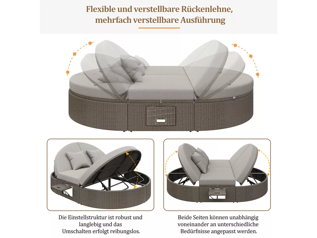 Chaise longue double en rotin avec tablette latérale, table pliante pour 2 personnes, angles réglables individuellement