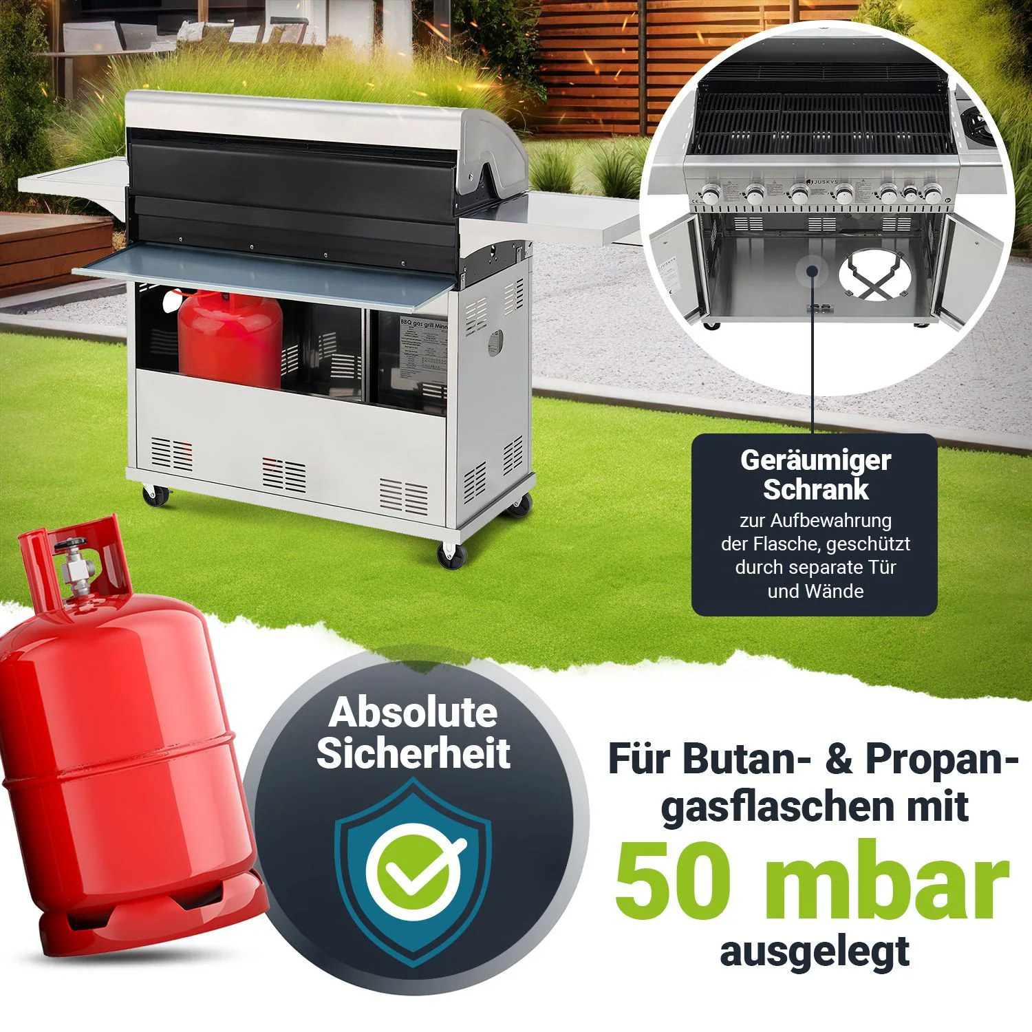 Juskys BBQ Gasgrill Minnesota - 6 Brenner & 1 Seitenbrenner - aus Edelstahl mit Gusseisen Rost