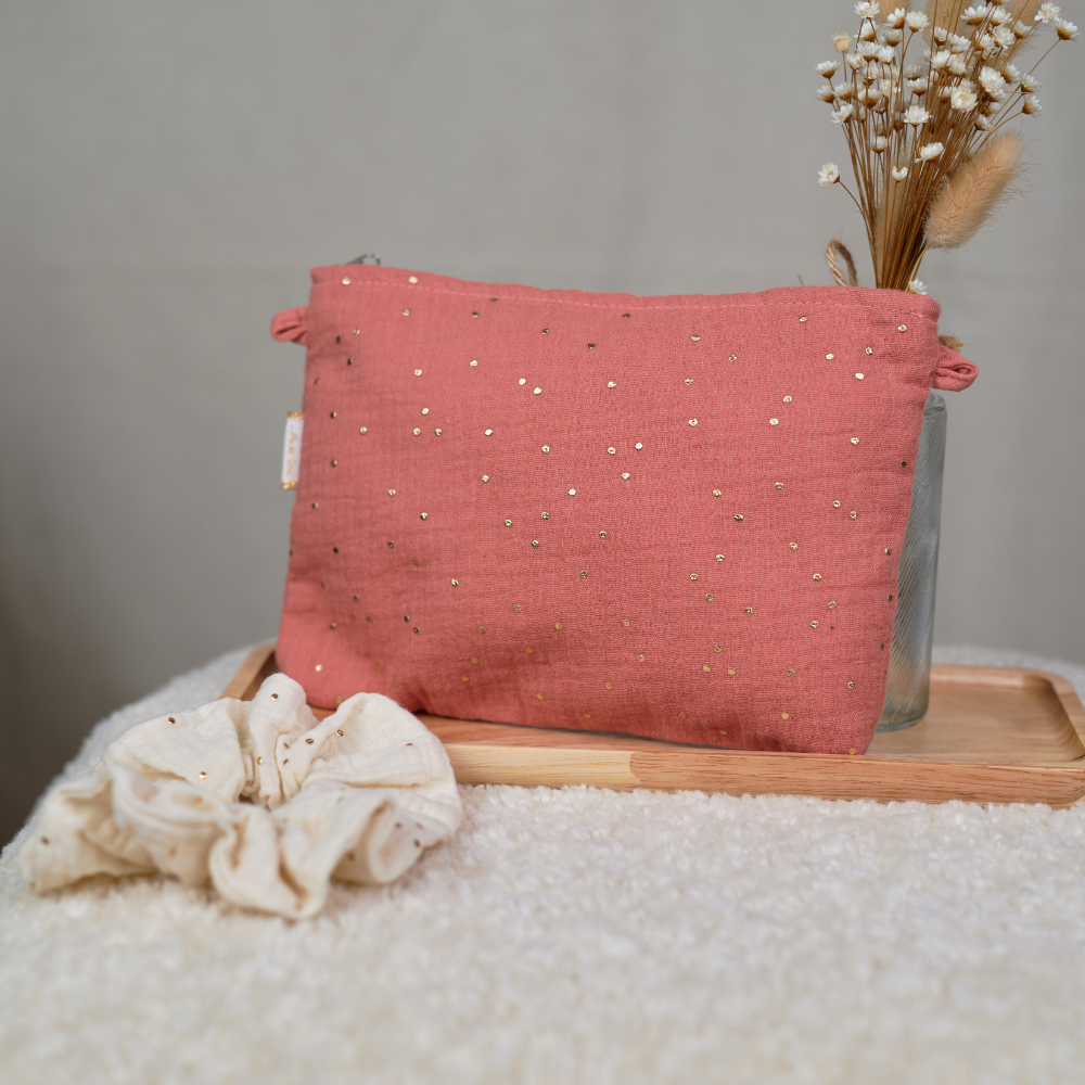 Pochette Tissu Gaze Pois Or Rose Blush