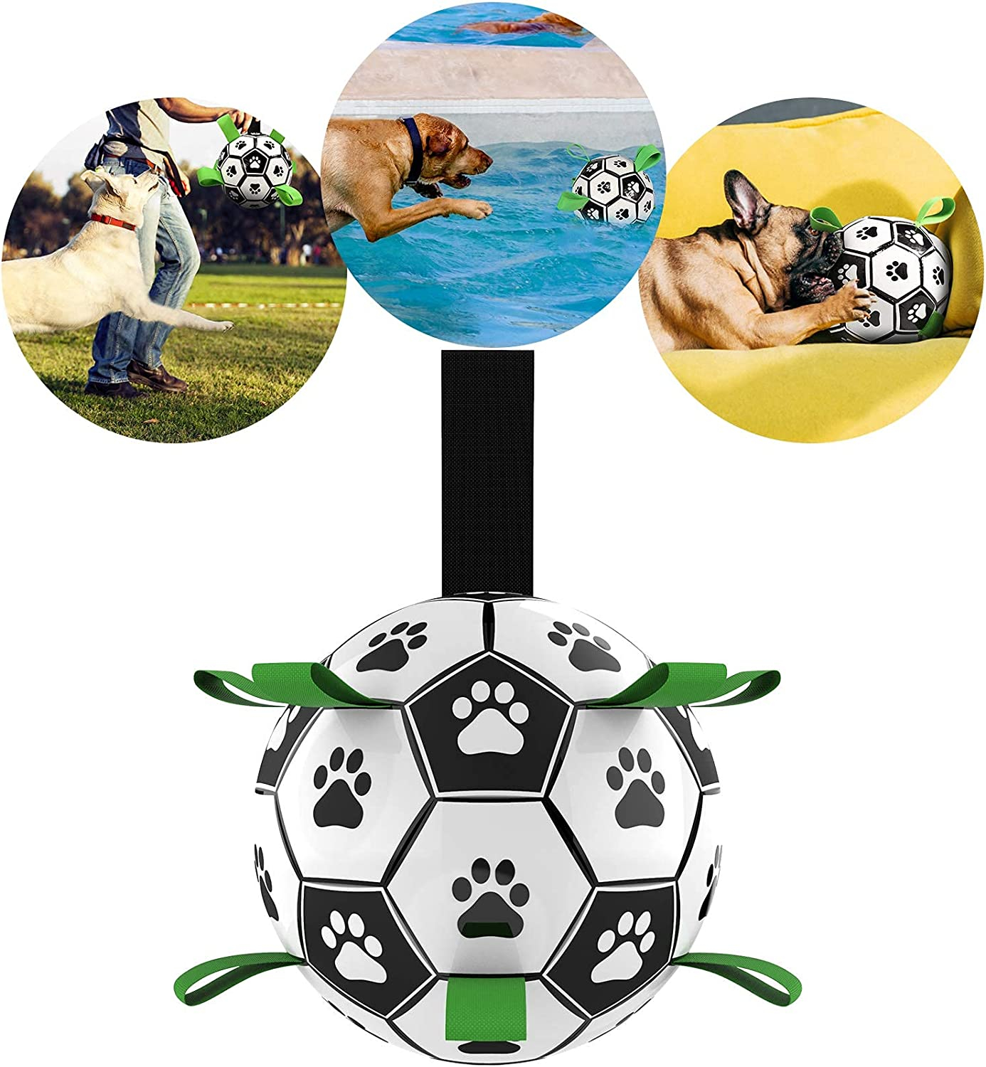 (Ø15cm) Interaktiver Hunde Ball Haustier Spielzeug Fussball mit Greiflaschen   Luftpumpe - Schwarz / Weiss / Grün