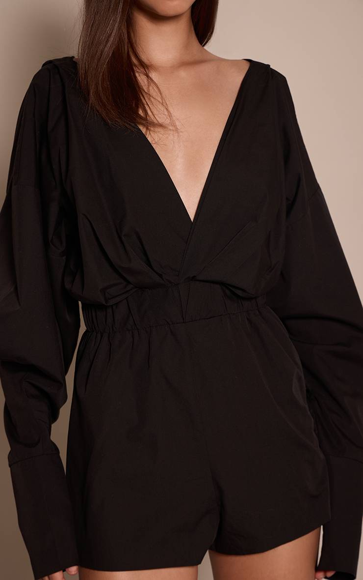 Noir Combinaison-short Chemise En Coton À Décolleté Plongeant