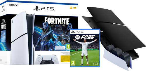 PlayStation 5 Slim Disc Edition + Fortnite Voucher + FC 25 + Covers Zwart + Oplaadstation