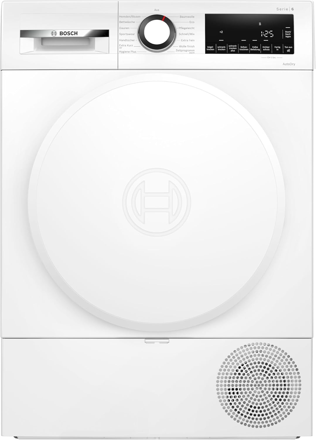 Bosch WQG233D21 Serie 6, Wärmepumpentrockner 9 kg, Schnell-Trocknung, Halbe Beladung Option, mit Feuchtesensorik, Easy Clean Filter, Sensitive-Drying Gewebeschonend, Trommelreversierung, Weiß