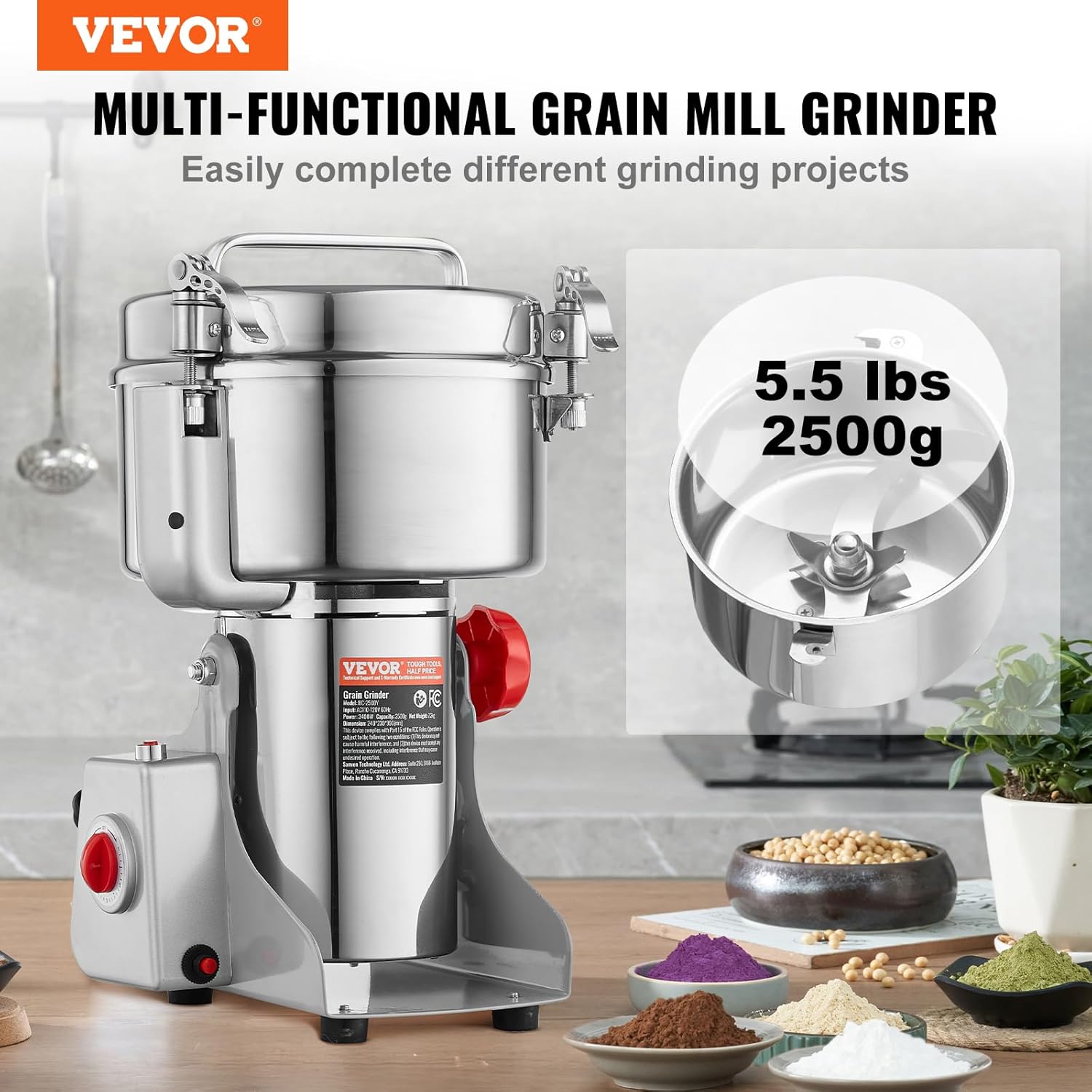 VEVOR elektrische Getreidemühle Hochgeschwindigkeits-Maismühle 2500 g 3400 W, Pulverisiermaschine aus Edelstahl, für trockene Körner Gewürze Müsli Kaffee Mais Pfeffer Schwenktyp 24 x 23 x 39 cm