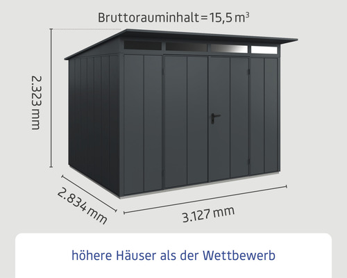 Hörmann EcoStar Elegant-P Type 3 tuinhuis, RAL7016, dubbele deur, 312,7 x 283,4 cm, antraciet