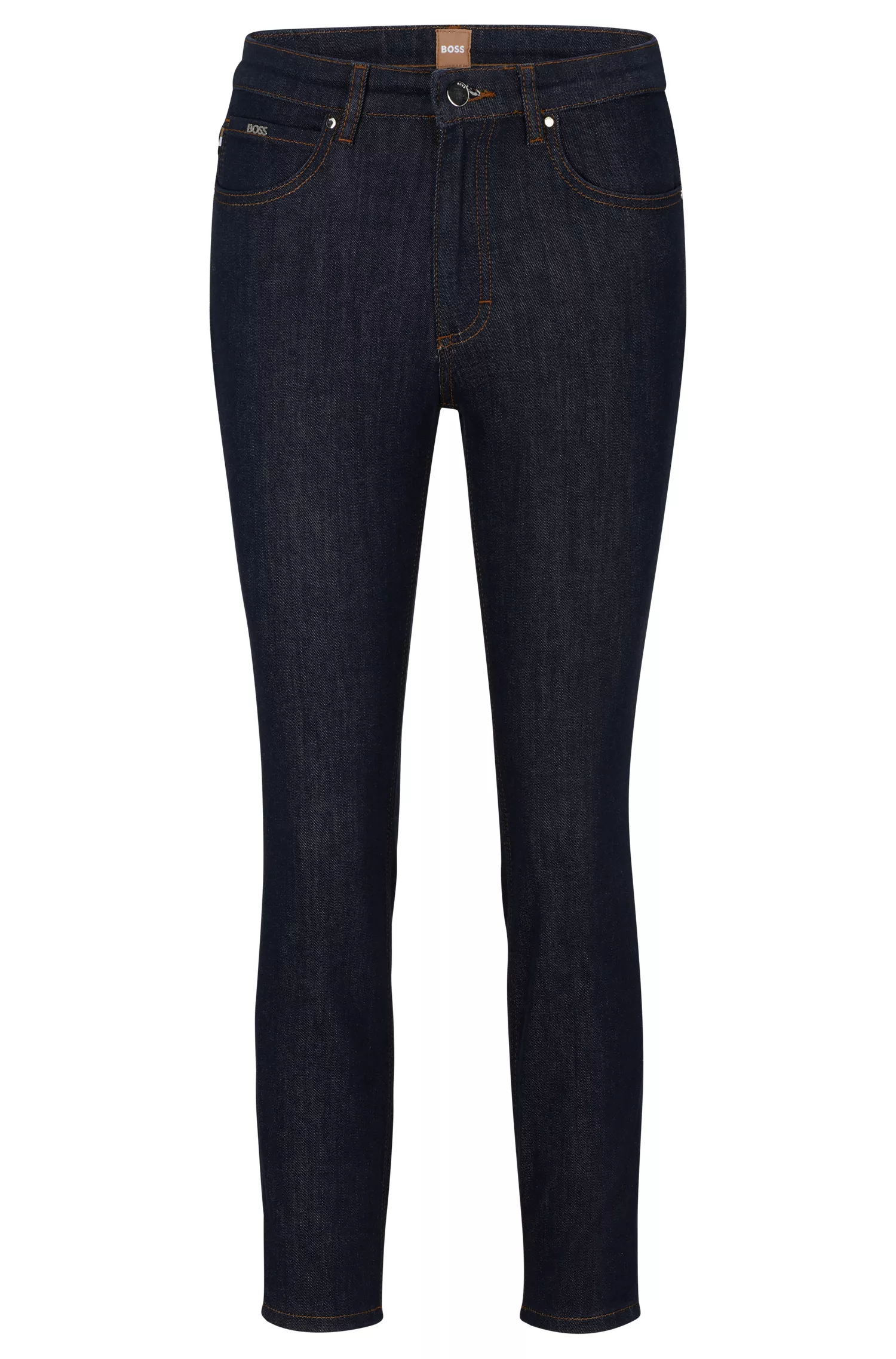 Calça jeans cropped BOSS preta, corte slim, em denim stretch Stay Indigo.
