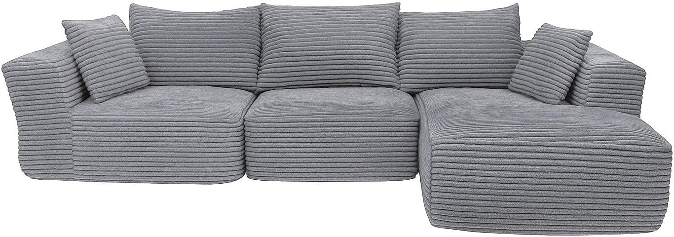 Mendler Sofa-Garnitur HWC-P20, 3-Sitzer Couch Loungesofa, Stoff/Textil Cord (370 g/m²) Liegefläche rechts - hellgrau