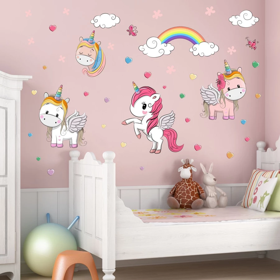 Nikima Wandtattoo 086 Wandtattoo Einhorn Regenbogen Kinderzimmer Sticker Aufkleber bunt