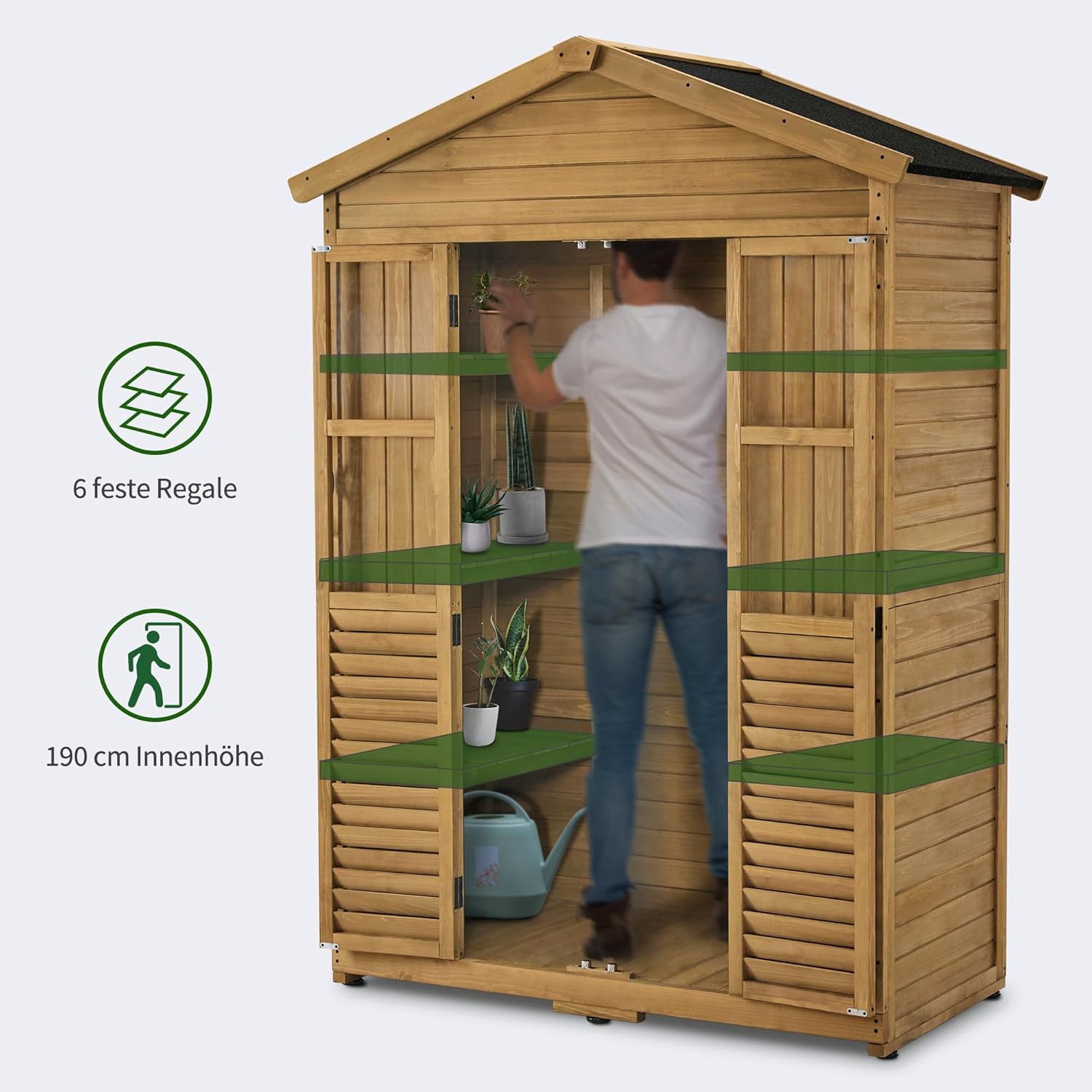M MCombo Gartenschrank Gartenhaus Holz Wetterfest, Geräteschrank Holzschrank Outdoor Wasserdicht Begehbar, für Außenbereich Balkon Terrasse, Gerätehaus mit 6 Feste Regale 74×143×200 cm (Natur)