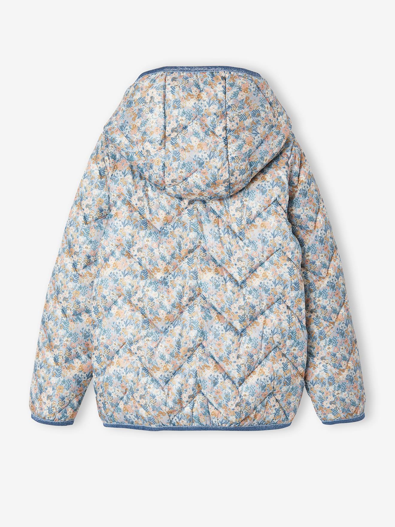 Jaqueta acolchoada leve com capuz e detalhes iridescentes, para meninas, estampa amarela tamanho médio.