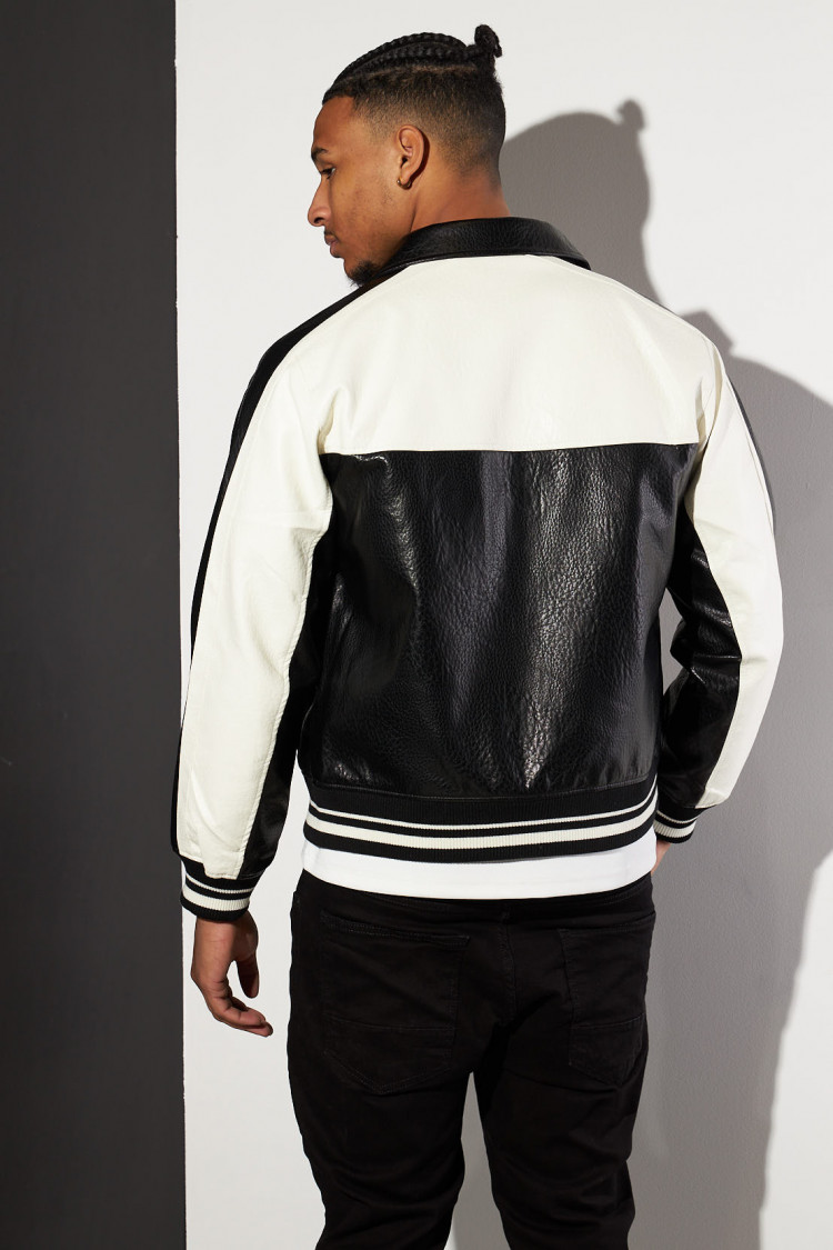 Bomber noir et écru en simili cuir