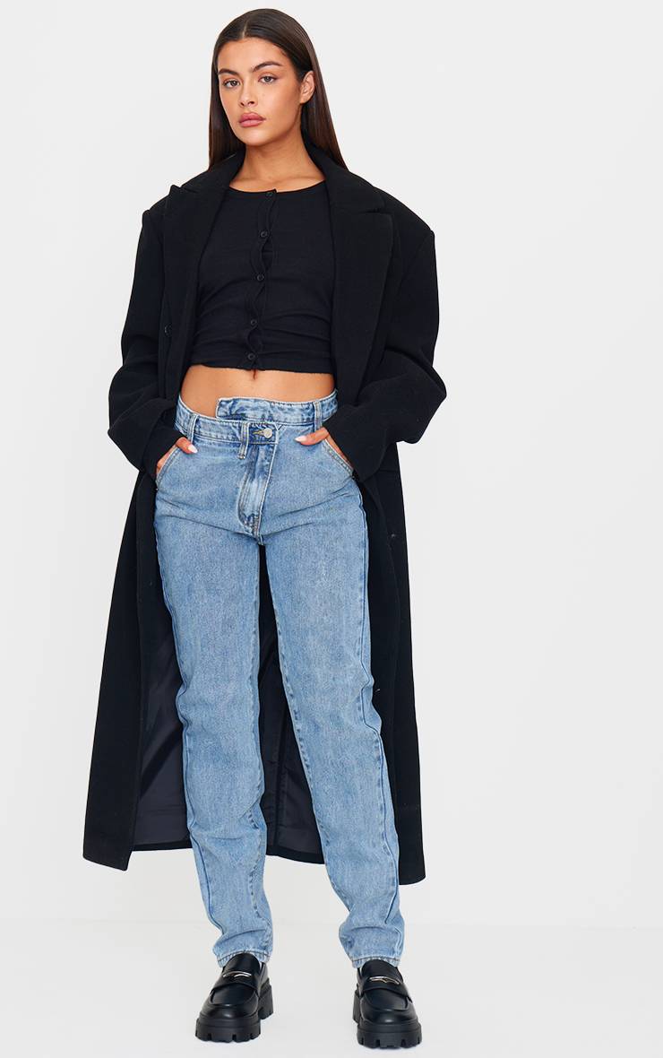 Light Blue Wash Jean Droit À Jambes Longues Avec Ceinture Asymétrique