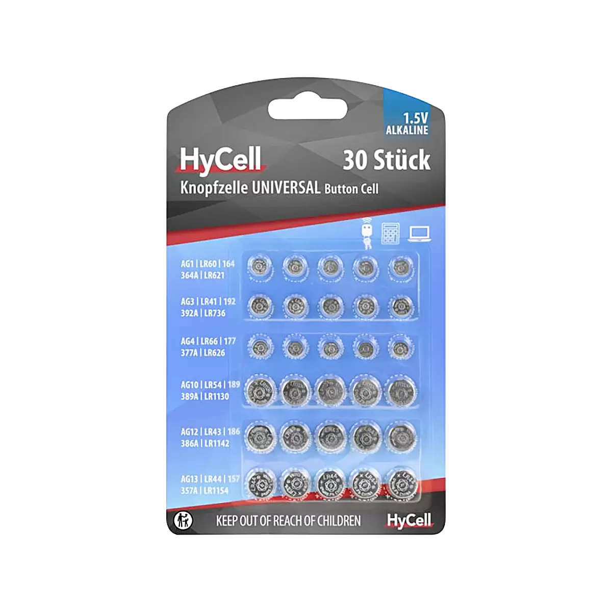 Knopfzellen Mix Set 30-tlg HyCell Alkaline-Knopfzellenset Silber