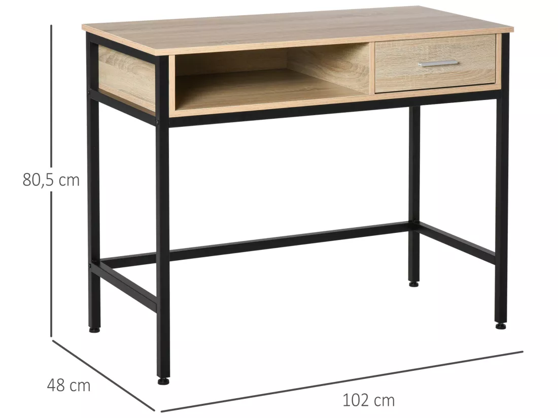 Bureau style industriel casier + tiroir coulissant châssis métal noir plateau panneaux particules chêne clair