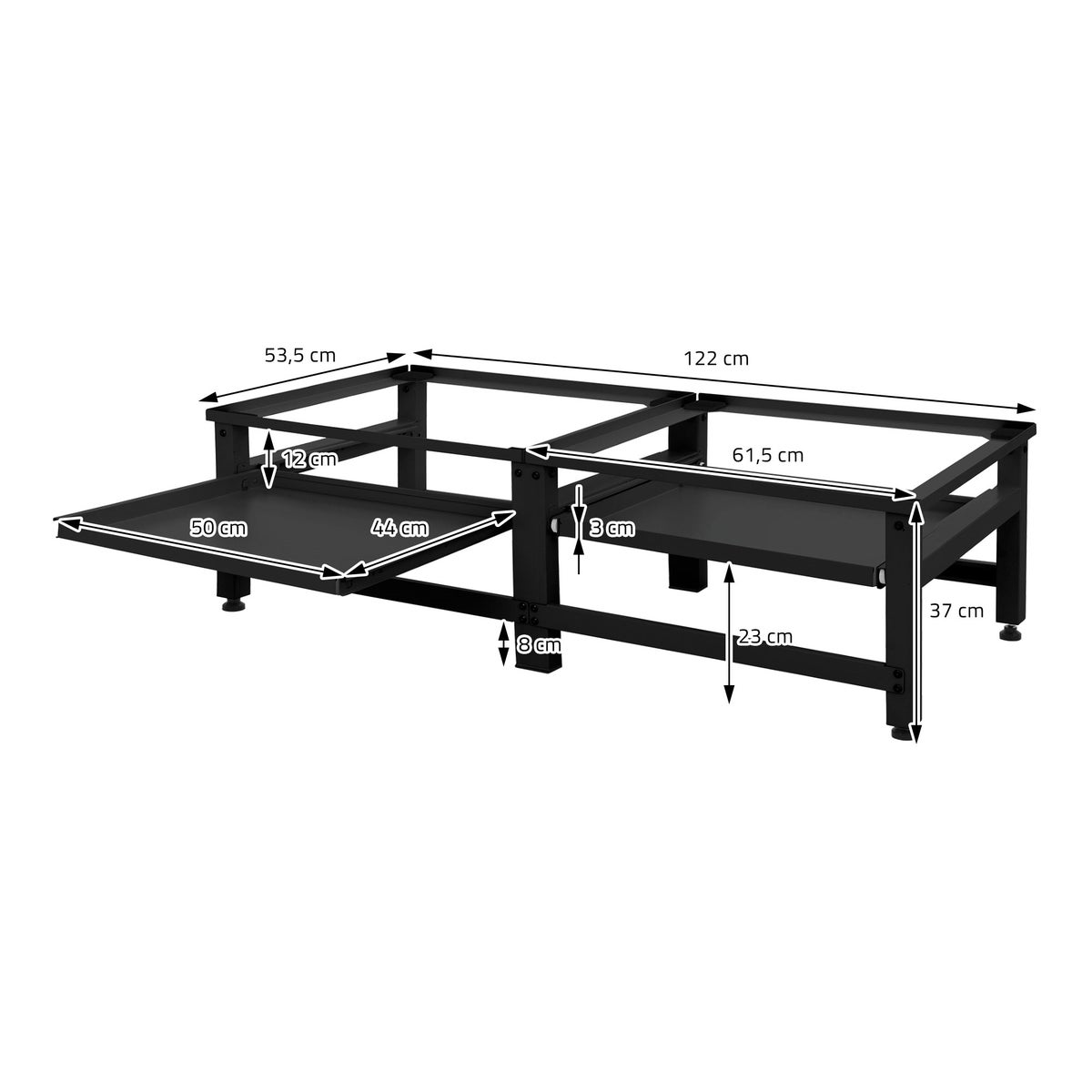 ML-Design Dubbele Wasmachine Onderstel met 2 Uitschuifbare Planken, Zwart, Staal, tot 2 x 150 kg + 10 kg, Verstelbare Voeten, Dubbele Wasmachine Onderstel, Dubbele Onderstel, Dubbel Platform, Verhoger
