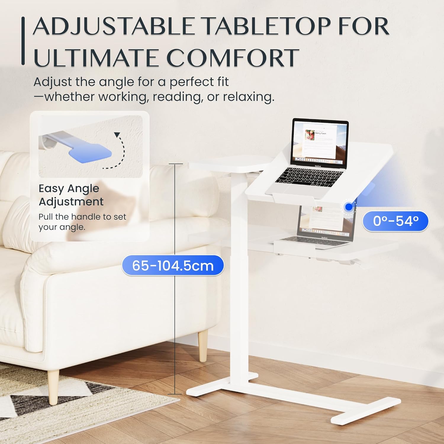 FLEXISPOT Beistelltisch - Flexibler Laptoptisch und Betttisch mit neigbarer Tischplatte, höhenverstellbar & mobil, ideal für Sofa, Bett & Lesestunden (Weiß, 80x40cm)