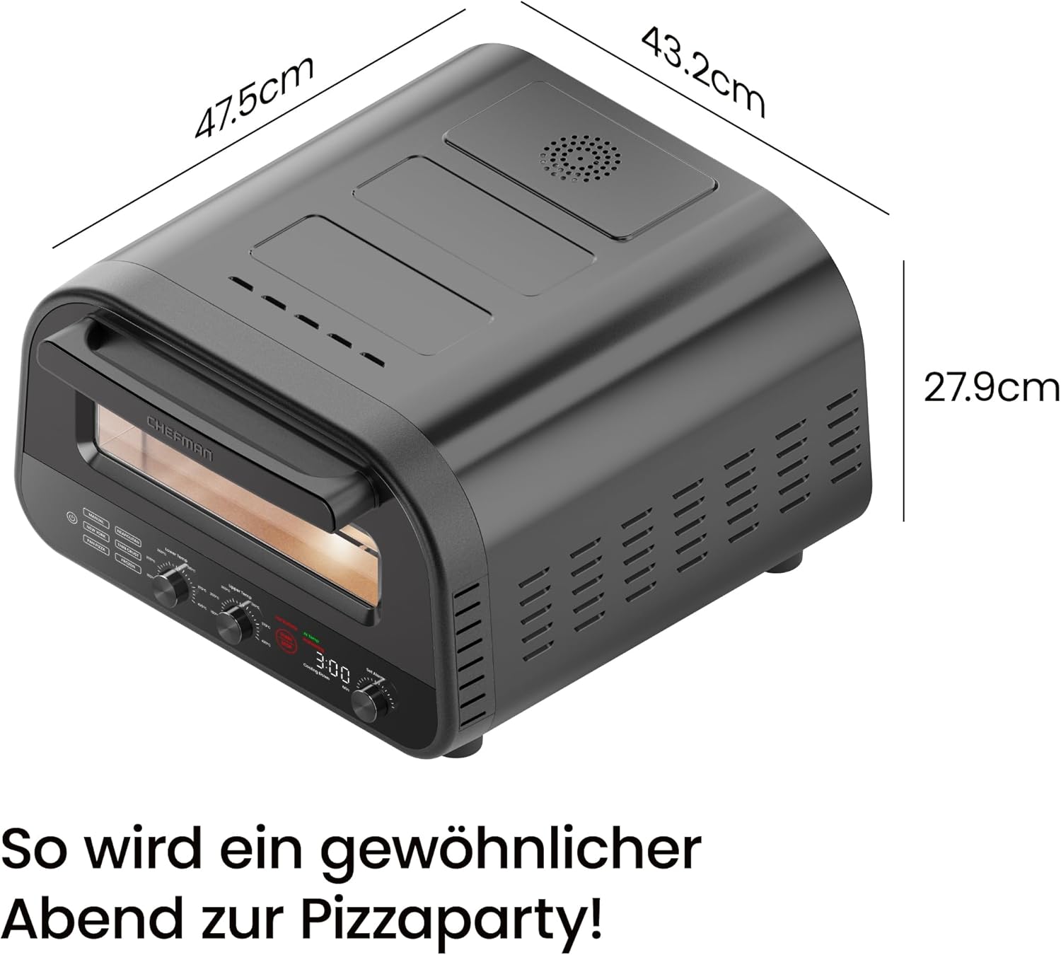 CHEFMAN Elektrischer Pizzaofen für drinnen und draußen, tragbarer 30-cm-Pizzaofen für neapolitanische, New Yorker, dünne Kruste und Pfannen-Pizza, Pizzastein und Pizzaschieber, schwarz
