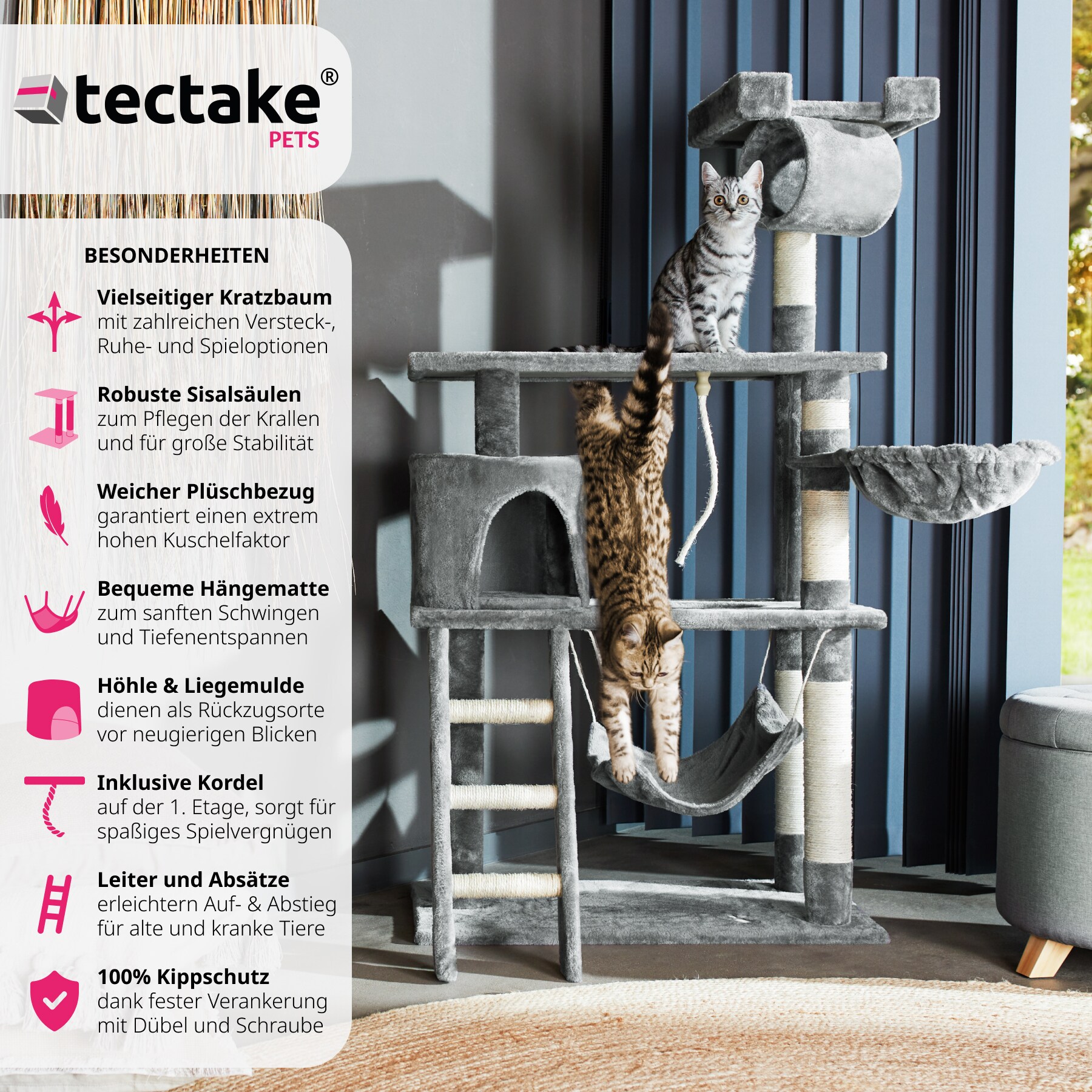 tectake® Kratzbaum, 141 cm, mit Katzenhaus, inklusive Treppe, Spielkordel und Kippschutz