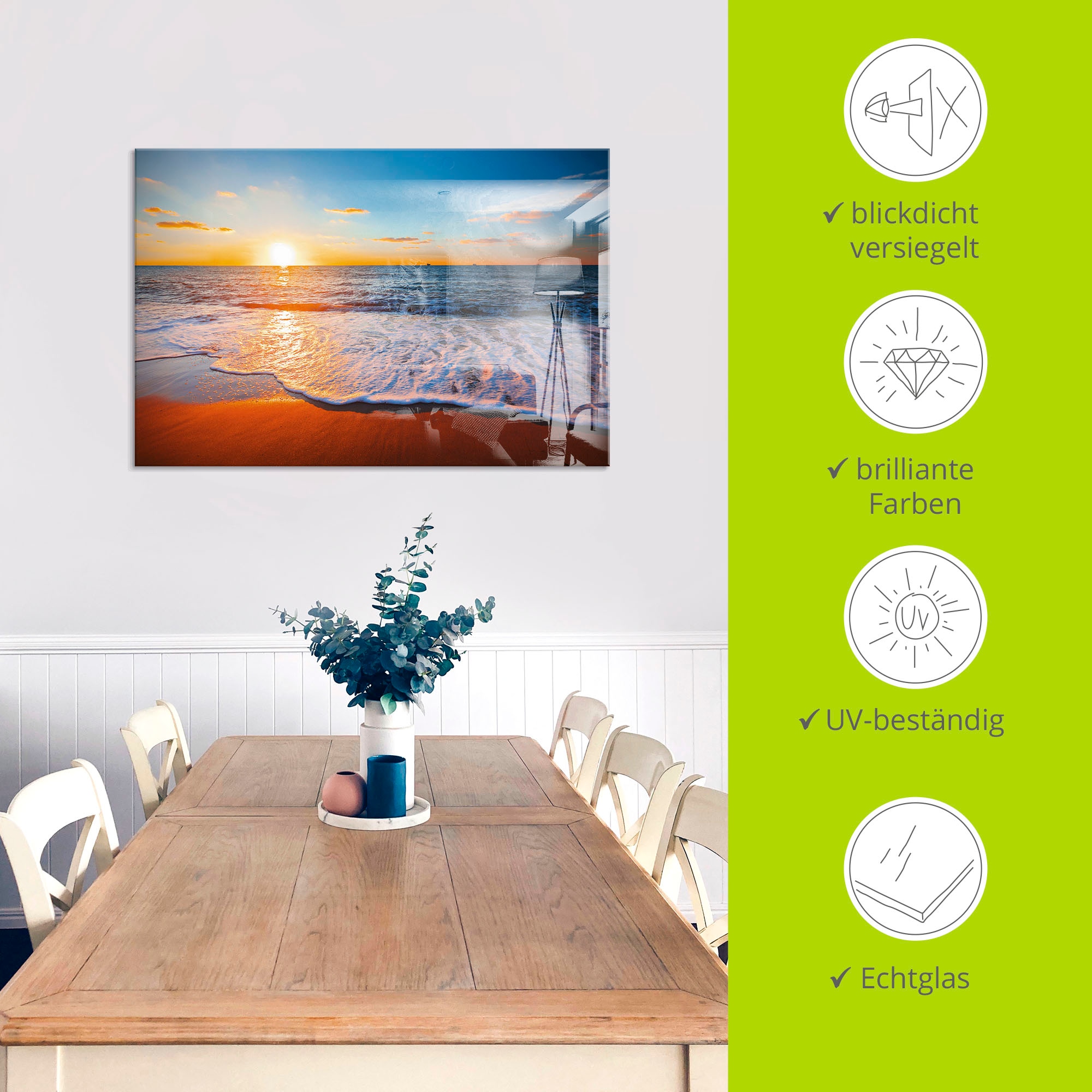 Artland Glasbild »Sonnenuntergang und das Meer« Strand 1 Stk. tlg.