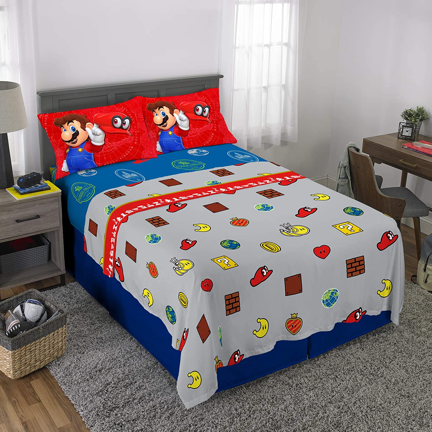 Twin Super Mario 3-Piece Bed Sheet Set.1 Flat Sheet 1 Fitted Sheet 1 Pillow Cases