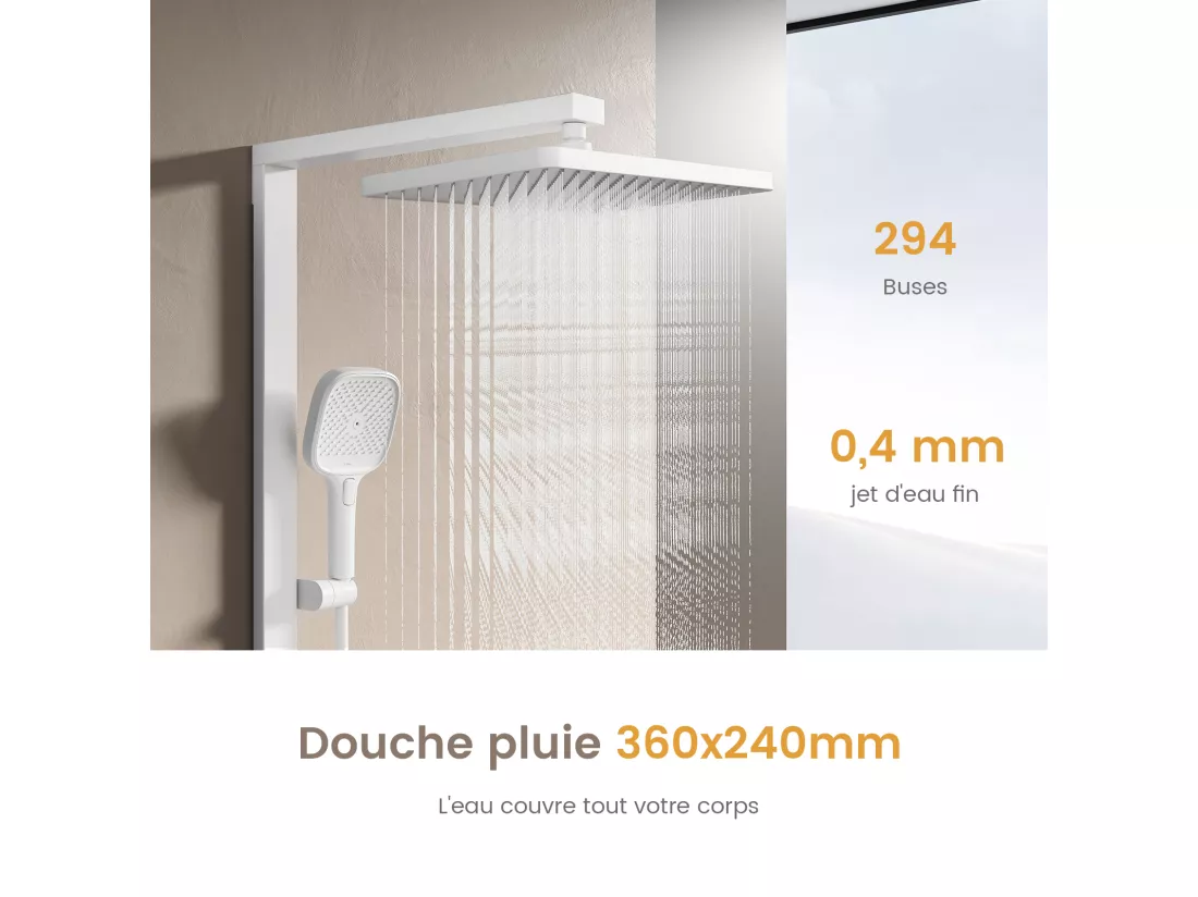 EMKE Colonne de douche Thermostat – Blanc Mat, Régulation innovante du débit, douche à effet pluie de 36x24 cm, douchette à main avec 3 jets