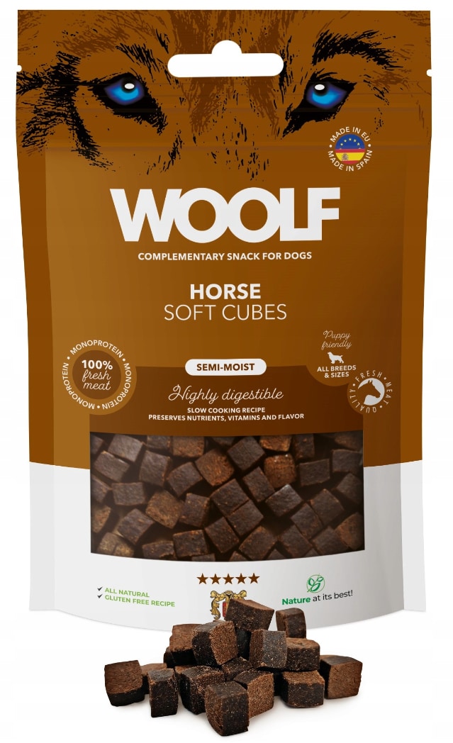 Woolf Soft Cubes Horse 100g<br>Naturlig og proteinrik! Zip-lås pose