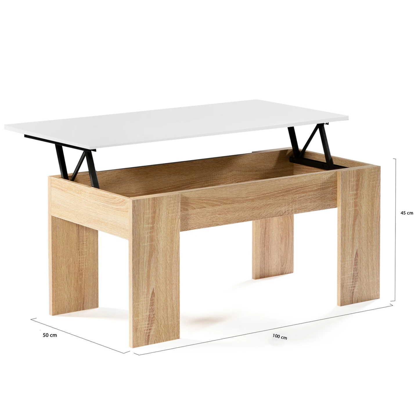 Table basse plateau relevable rectangulaire TARA bois imitation hêtre et blanc