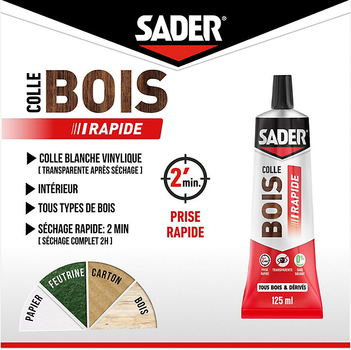 Colle à bois à prise rapide Sader transparente après séchage tube de 125 ml