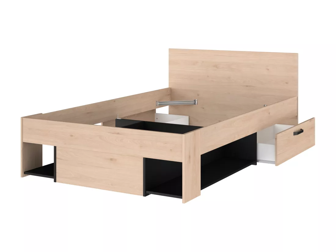 Lit 120 x 190/200 cm avec rangements - Coloris : Naturel et noir - KINSELIA