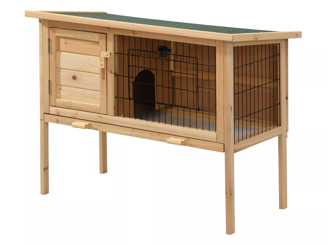 Clapier en bois sur pieds pour lapins et rongeurs - L. 91 x P. 45 x H. 70 cm - Naturel - LAPIUS